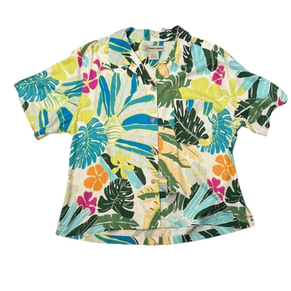 Bamboo Traders tropical‎ Hawaiian silk Button Down Shirt L Blue Green